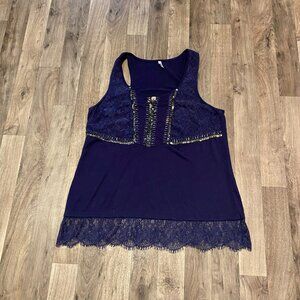 Vanity Navy Blue Beaded Lace Tank Top Size Large